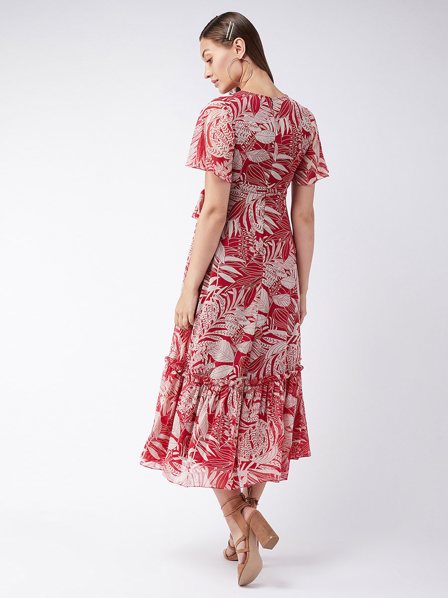 Leaf Printed A-Line Midi Dress