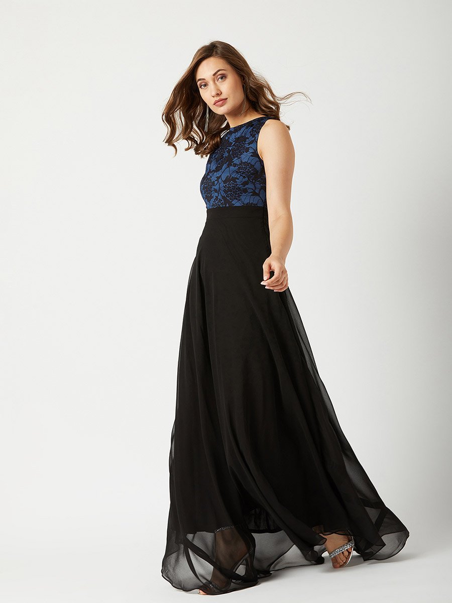 Lace Yoke Sleeveless A-Line Maxi Dress