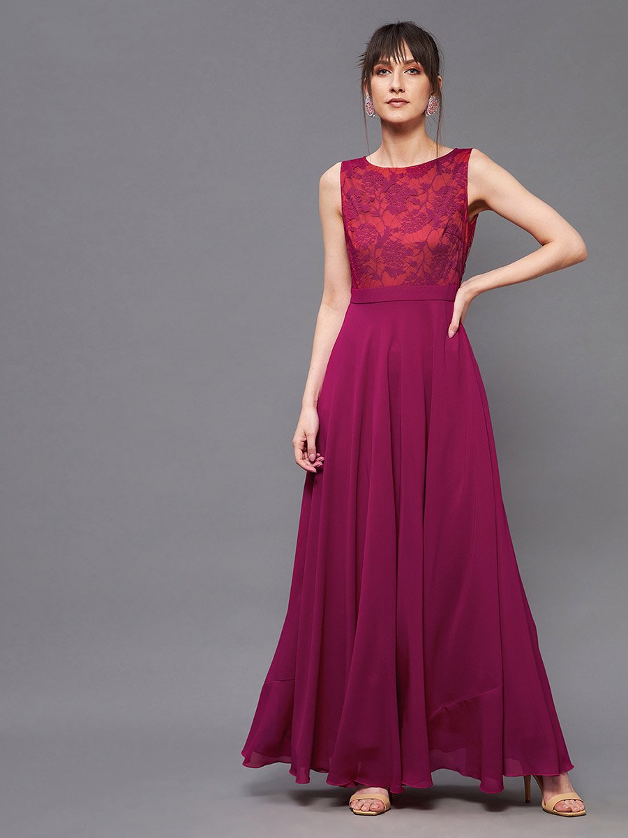 Lace Yoke Sleeveless A-Line Maxi Dress For Women at Saudi | Styli