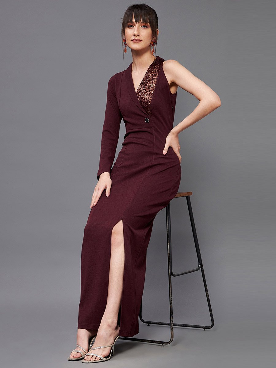Sequin Detail One Sleeves Side Slit Maxi Dress
