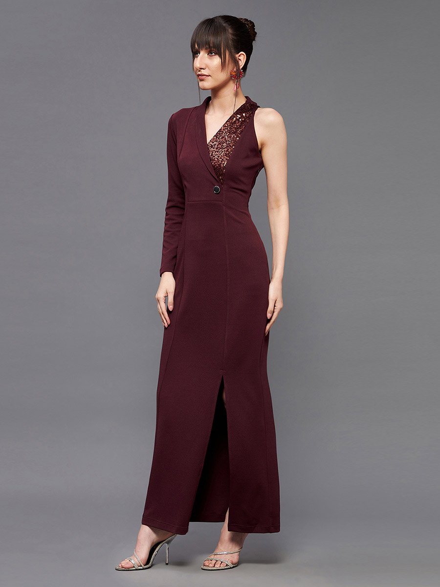 Sequin Detail One Sleeves Side Slit Maxi Dress