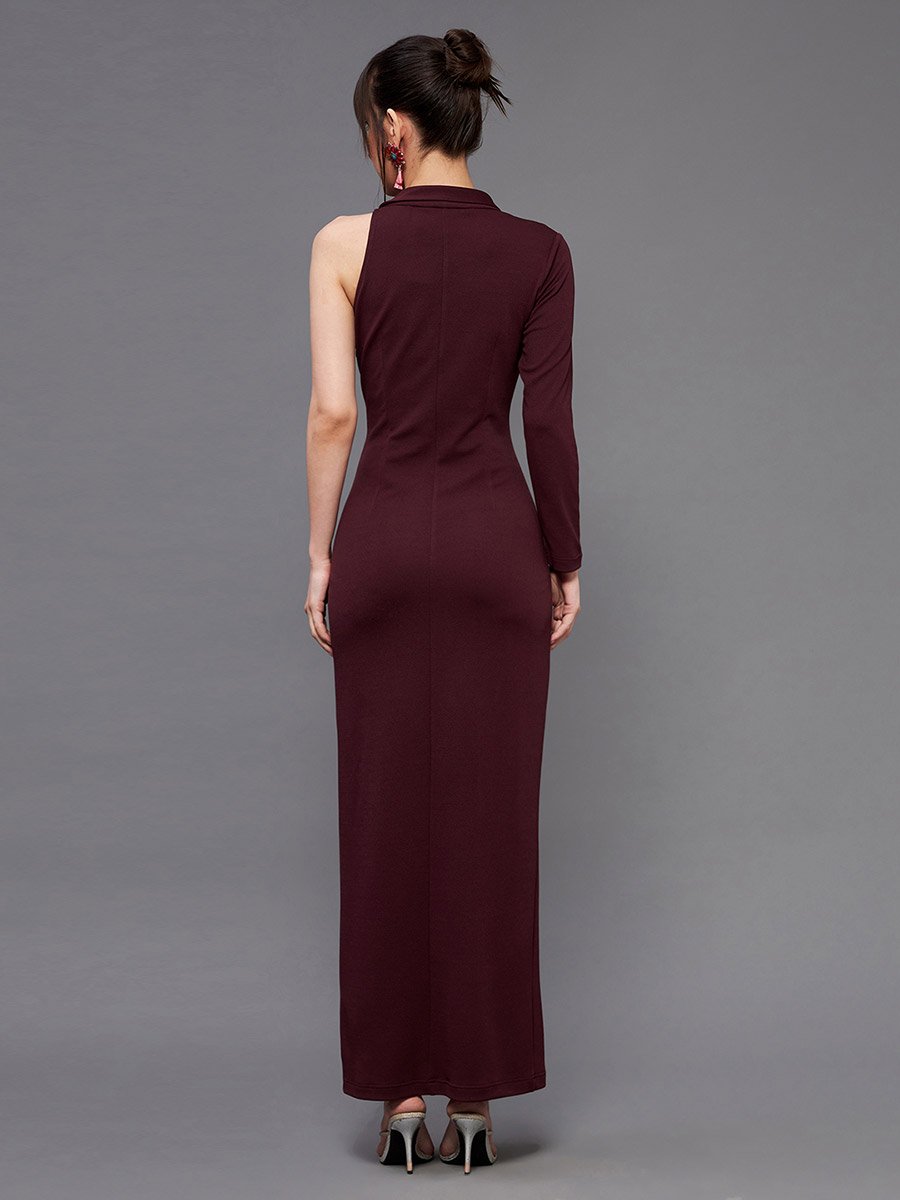 Sequin Detail One Sleeves Side Slit Maxi Dress