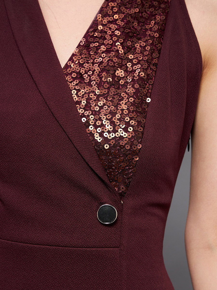 Sequin Detail One Sleeves Side Slit Maxi Dress