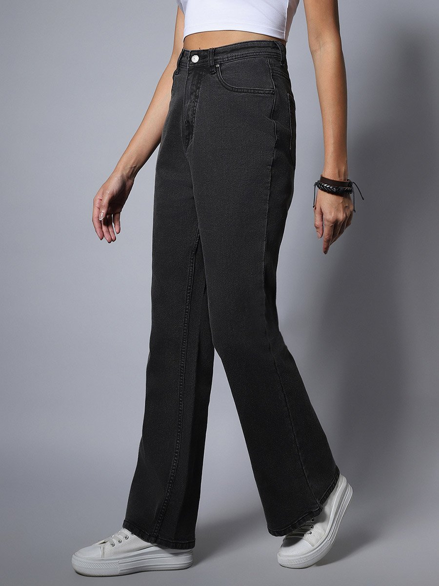 Solid High Rise Flared Jeans with Pockets