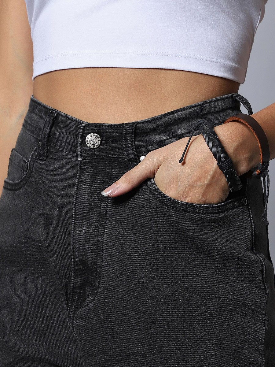 Solid High Rise Flared Jeans with Pockets