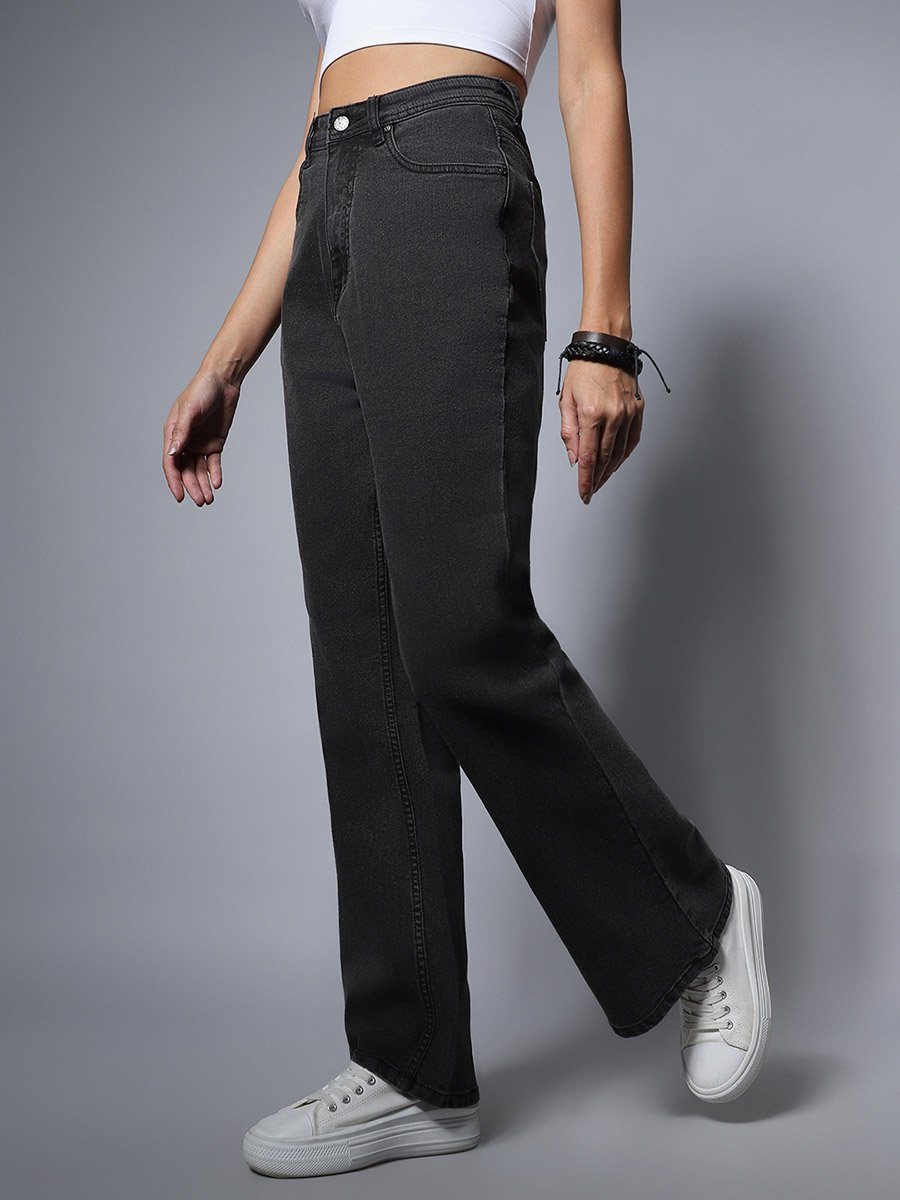 Solid High Rise Flared Jeans with Pockets