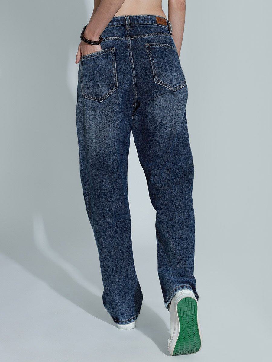 Mid Rise Dark Wash Relaxed Fit Jeans with Pockets