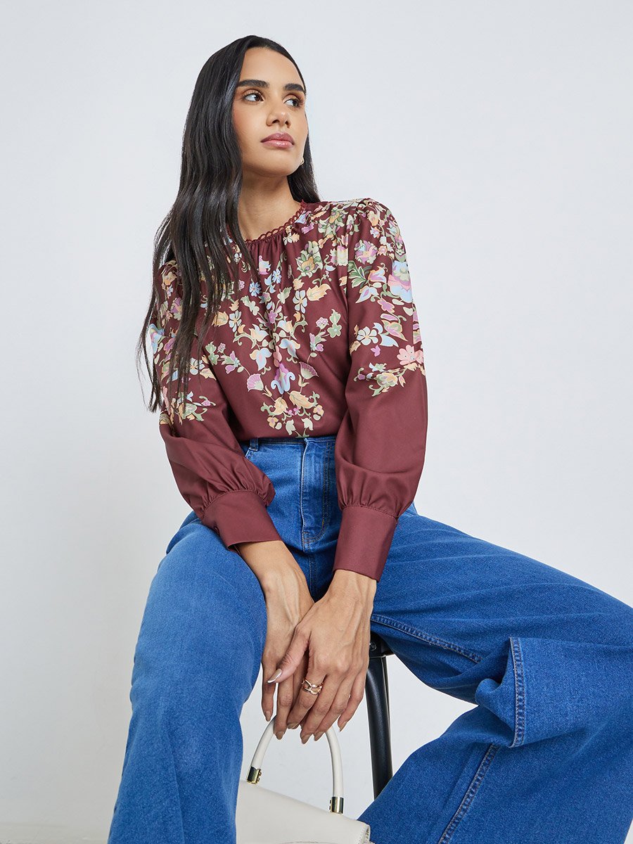 Burgundy Floral Print Long Sleeve Blouse