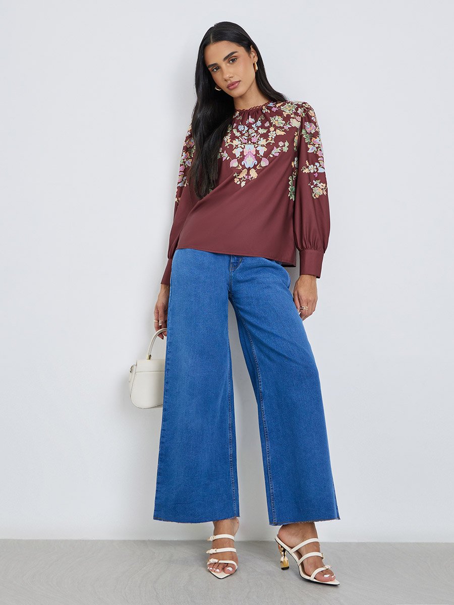 Burgundy Floral Print Long Sleeve Blouse