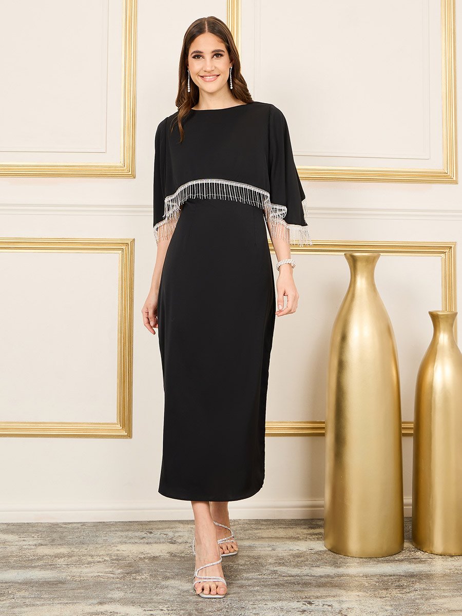 Tassel Trim Cape Sleeves Shift Maxi Dress For Women at Kuwait | Styli