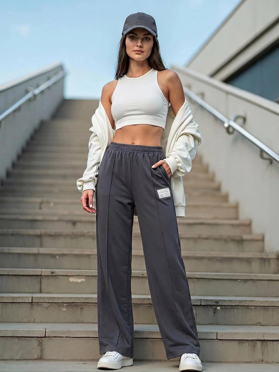 Women Wide Leg Joggers with Badge Detail