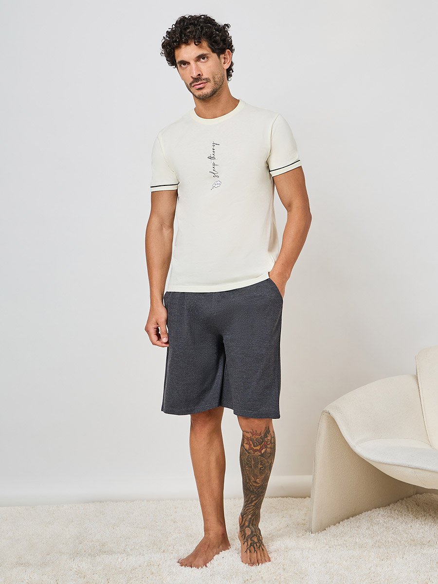 Slogan Print T-Shirt and Plain Shorts Set