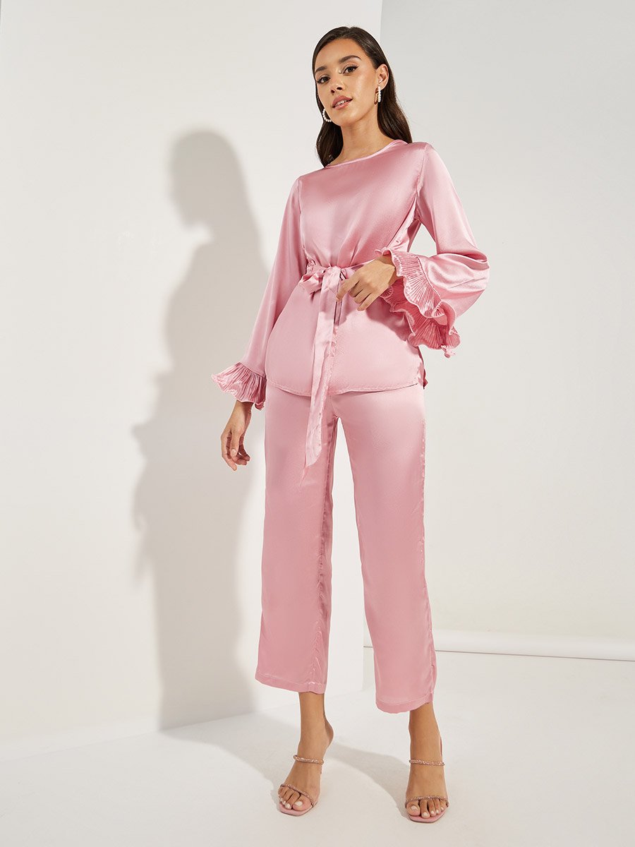 Solid Dressy Ruffled Sleeves Top and Pants Co-Ords
