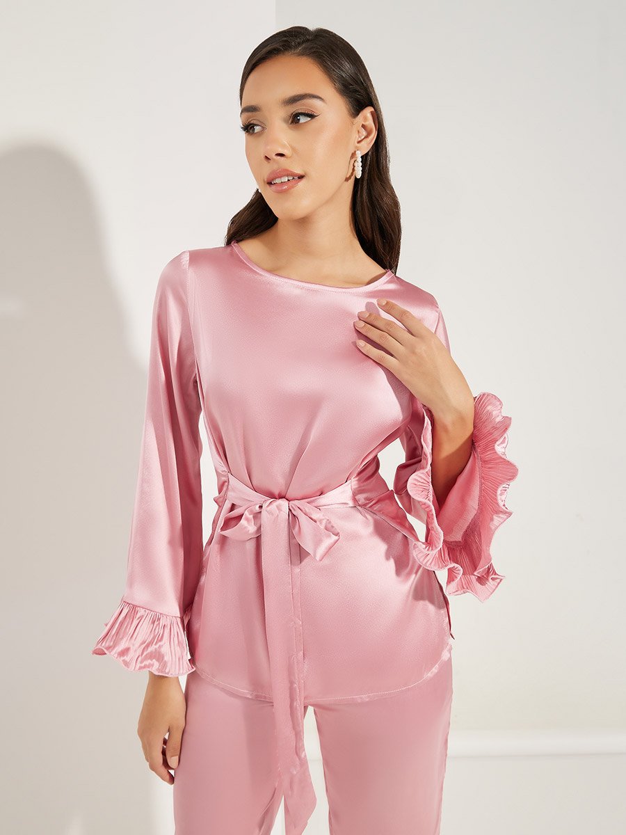 Solid Dressy Ruffled Sleeves Top and Pants Co-Ords