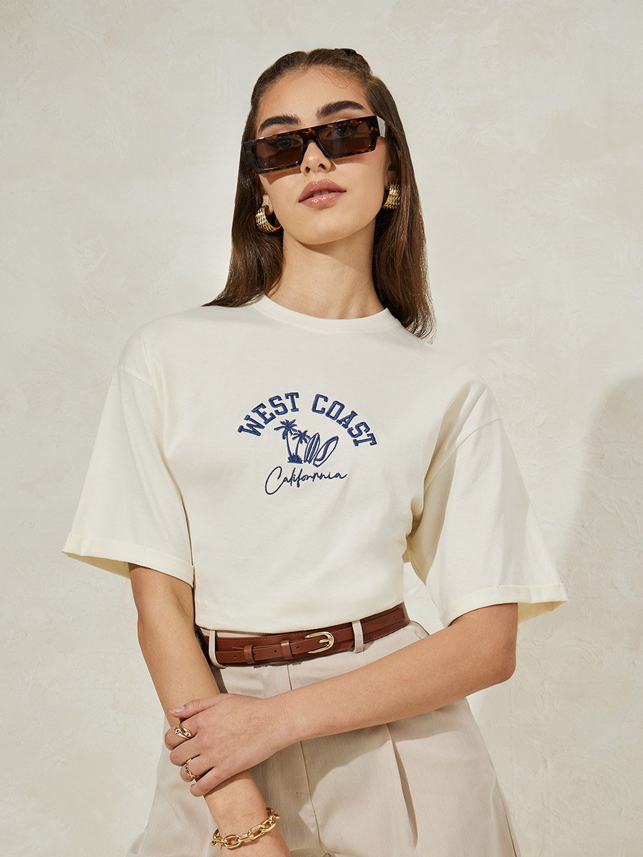 Oversized Embroidery Detail 100% Cotton T-Shirt For Women at Saudi