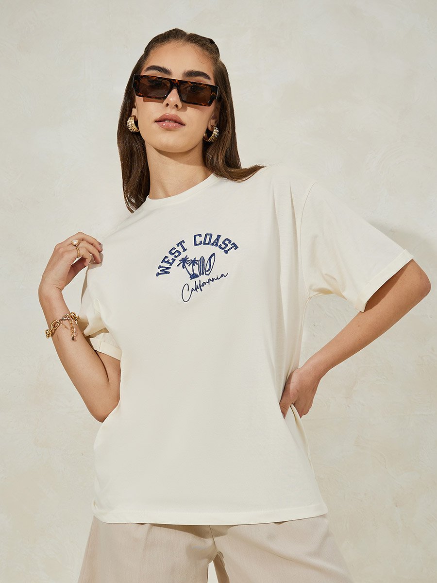 Oversized Embroidery Detail 100% Cotton T-Shirt