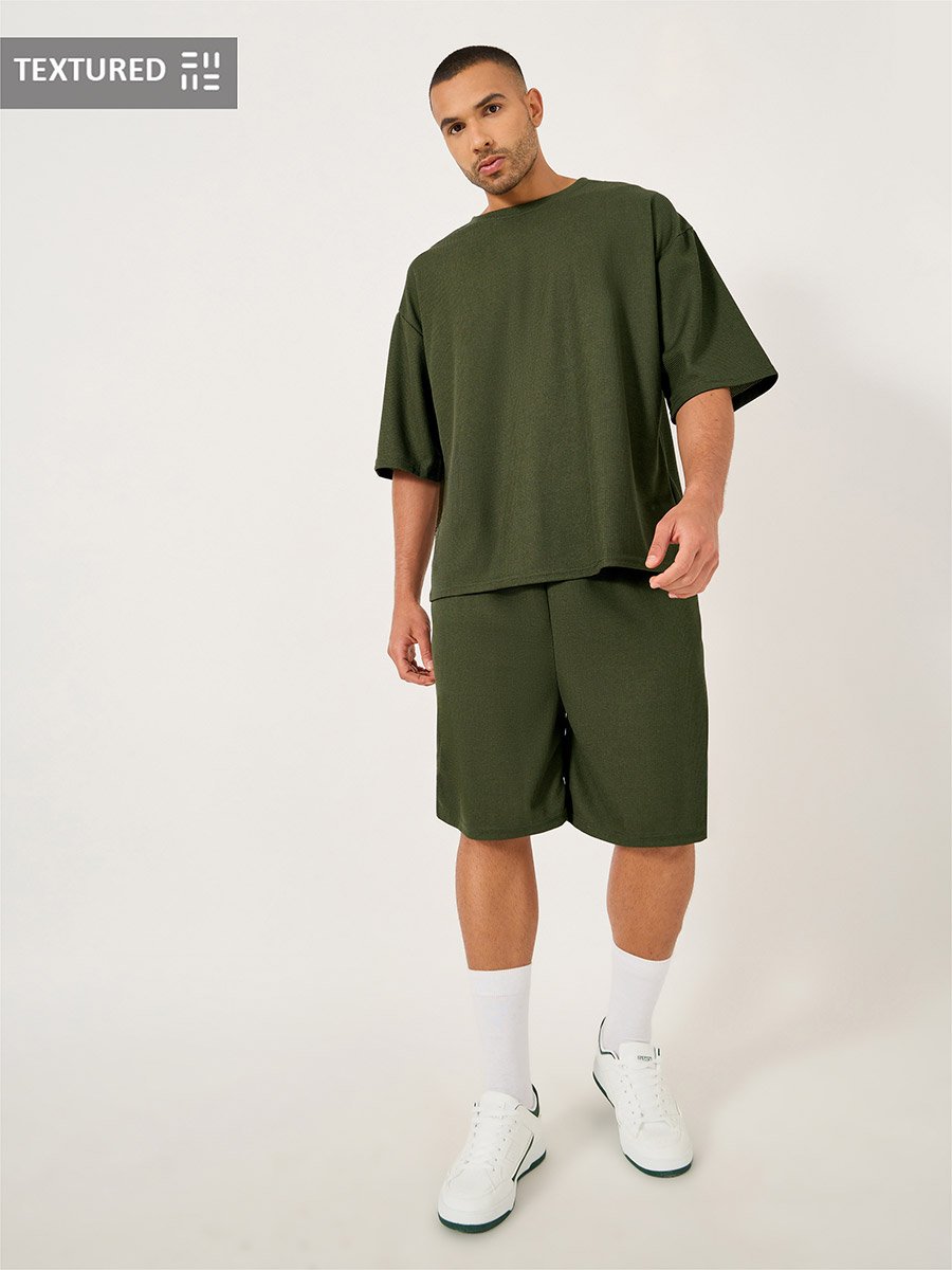 Solid Textured Knit Oversized Streetwear T-Shirt and Shorts Set
