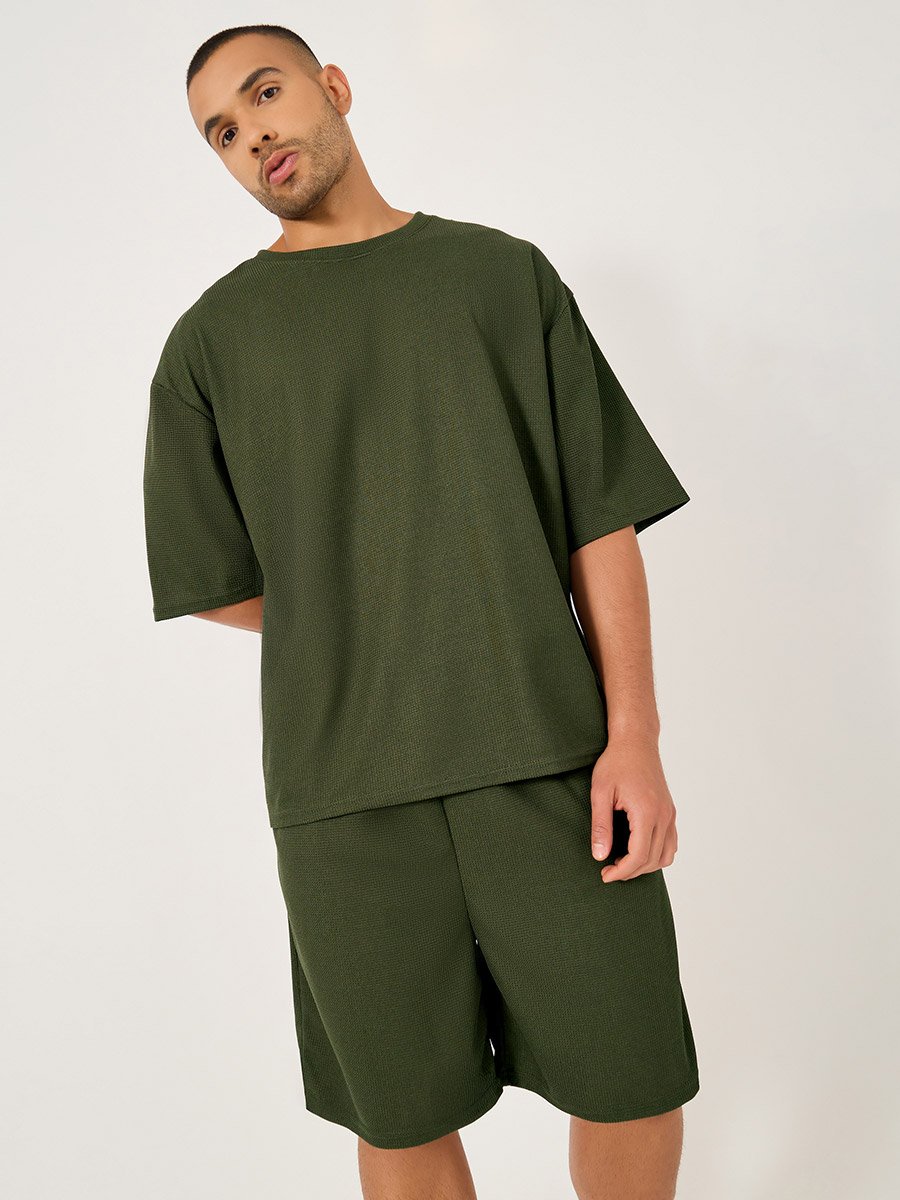 Solid Textured Knit Oversized Streetwear T-Shirt and Shorts Set