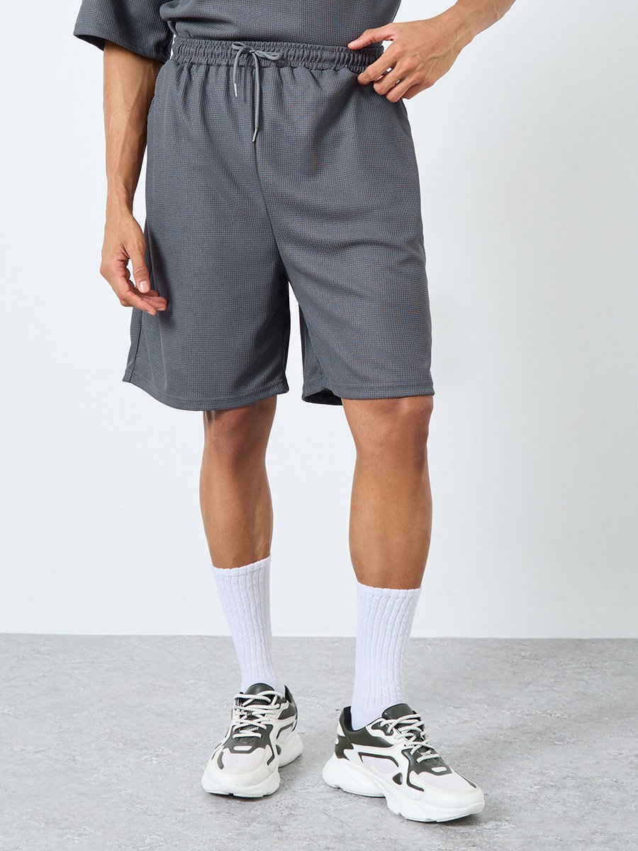 Solid Textured Knit Oversized Streetwear T-Shirt and Shorts Set