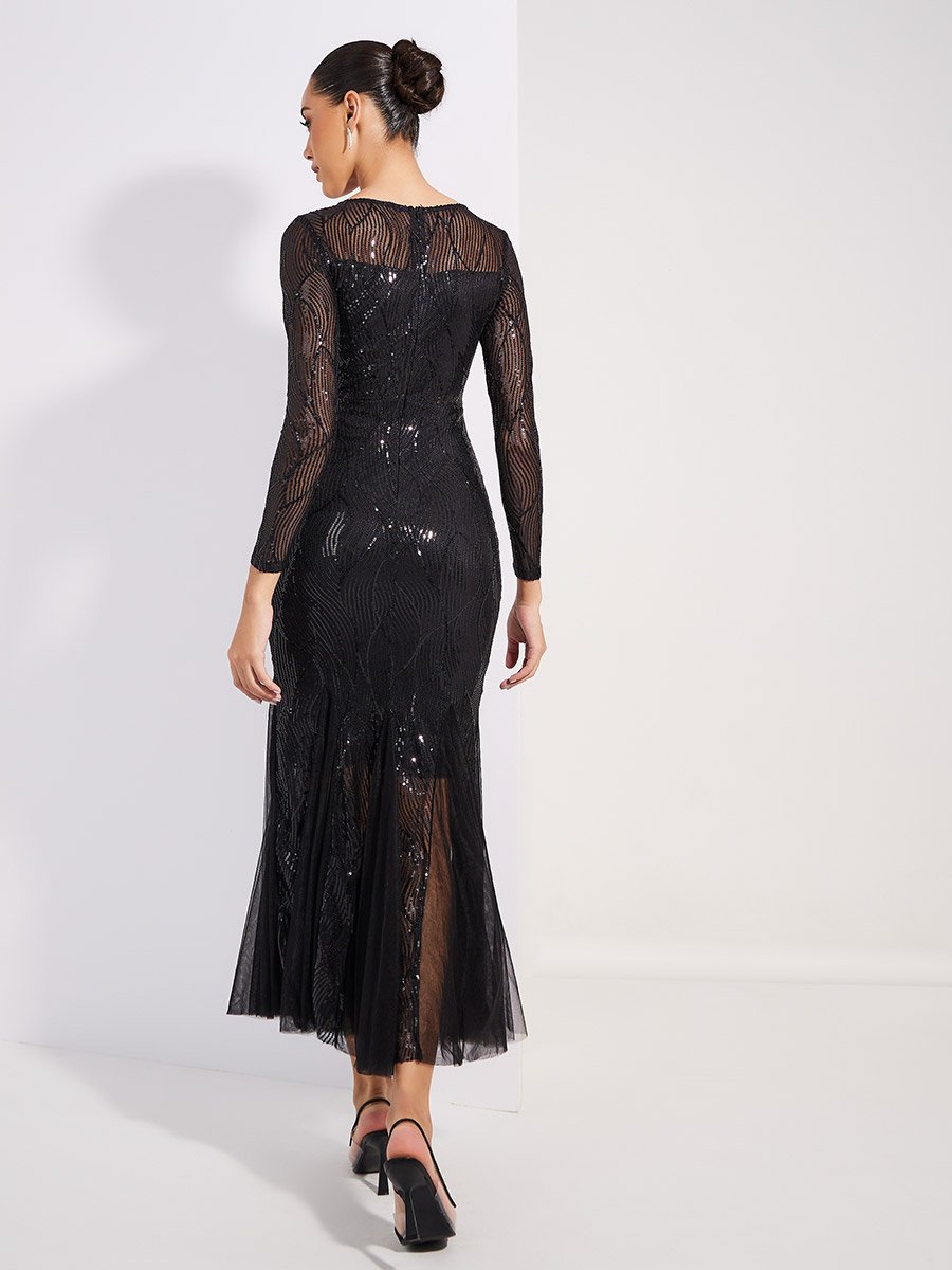 Sequined Mesh Insert Mermaid Fit Maxi Dress