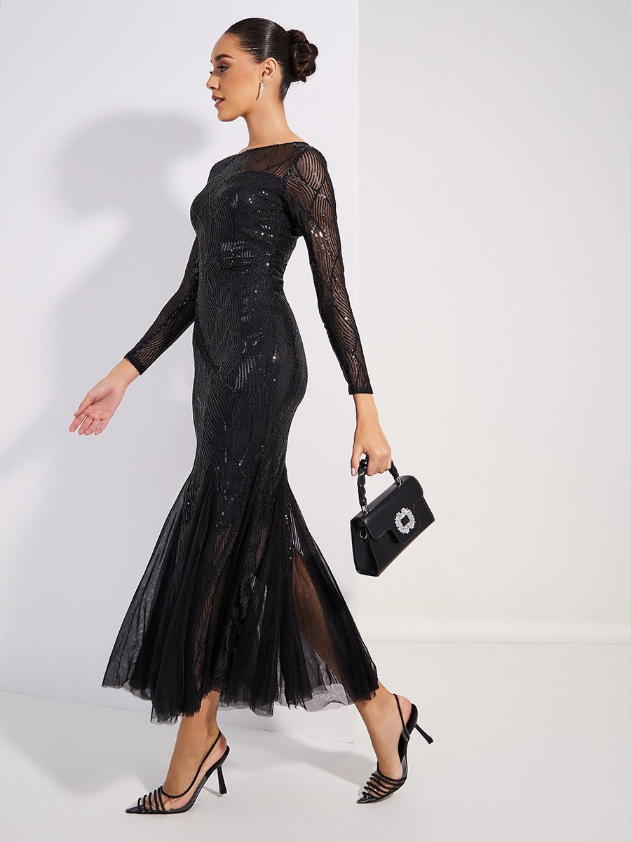 Sequined Mesh Insert Mermaid Fit Maxi Dress