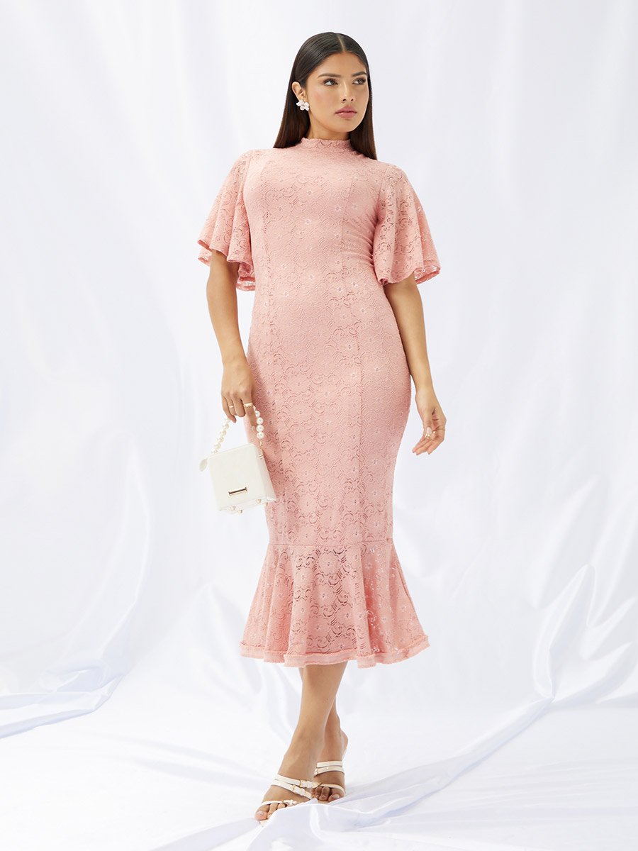 Flutter Sleeve Fitted Lace Midi Dress