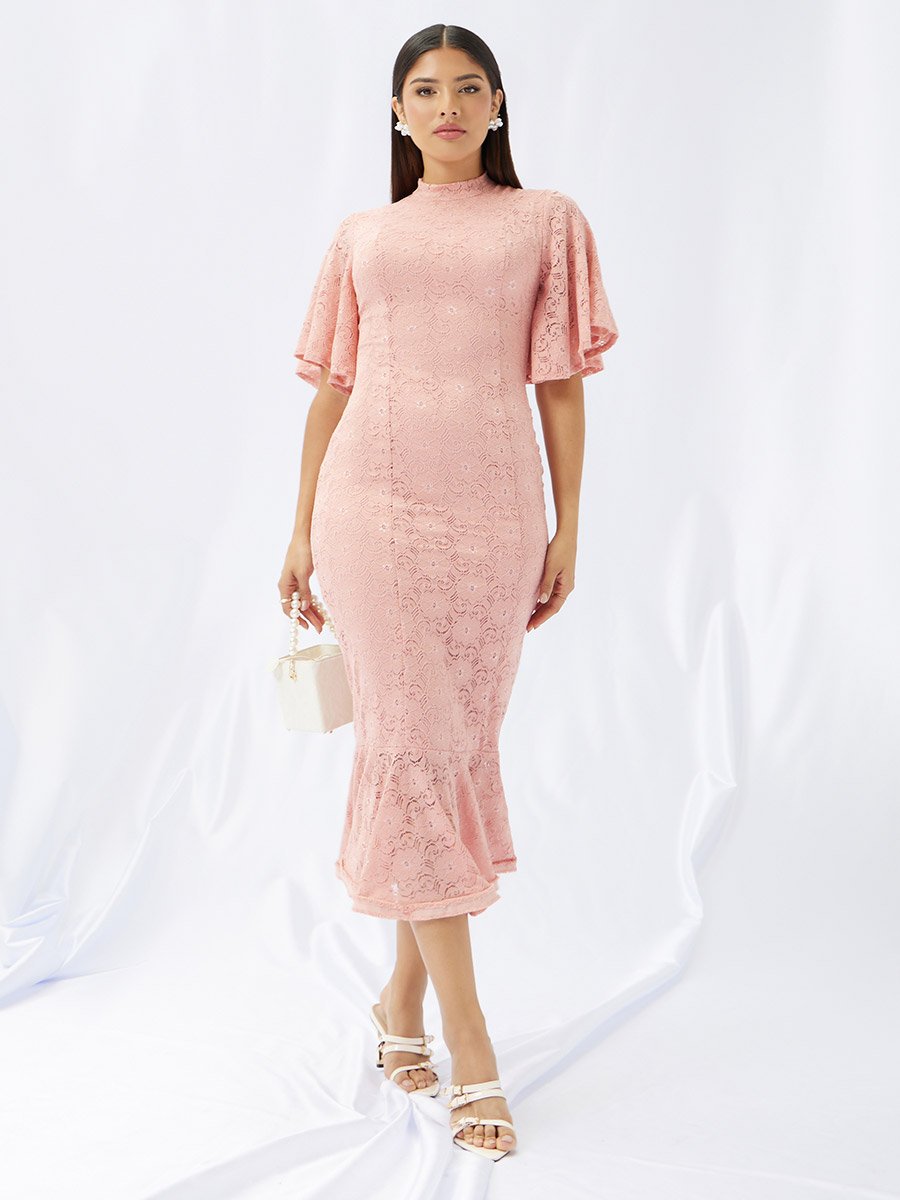 Flutter Sleeve Fitted Lace Midi Dress