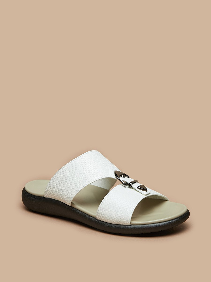 Textured Buckle Detail Slip On Sandals