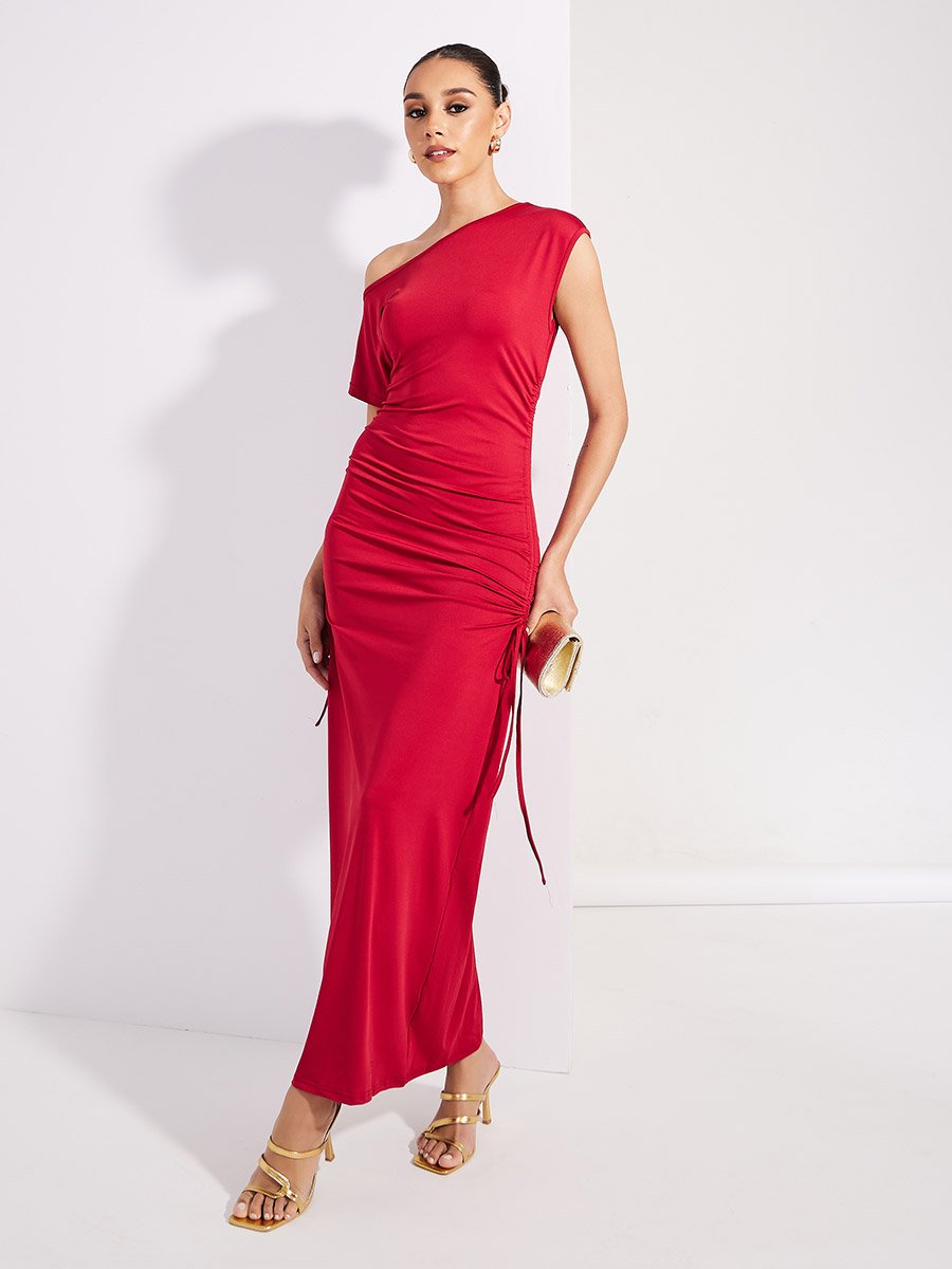 Ruched Side Asymmetric Neck Bodycon Maxi Dress For Women at Saudi | Styli Ruched Side Asymmetric Neck Bodycon Maxi Dress For Women at Saudi | Styli