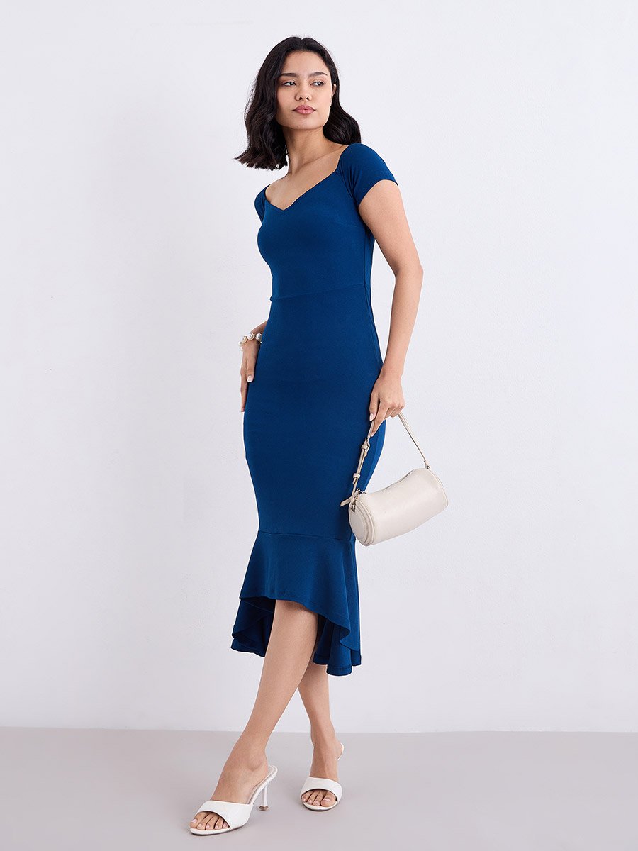 Blue Sweetheart Neck Bodycon Midi Dress