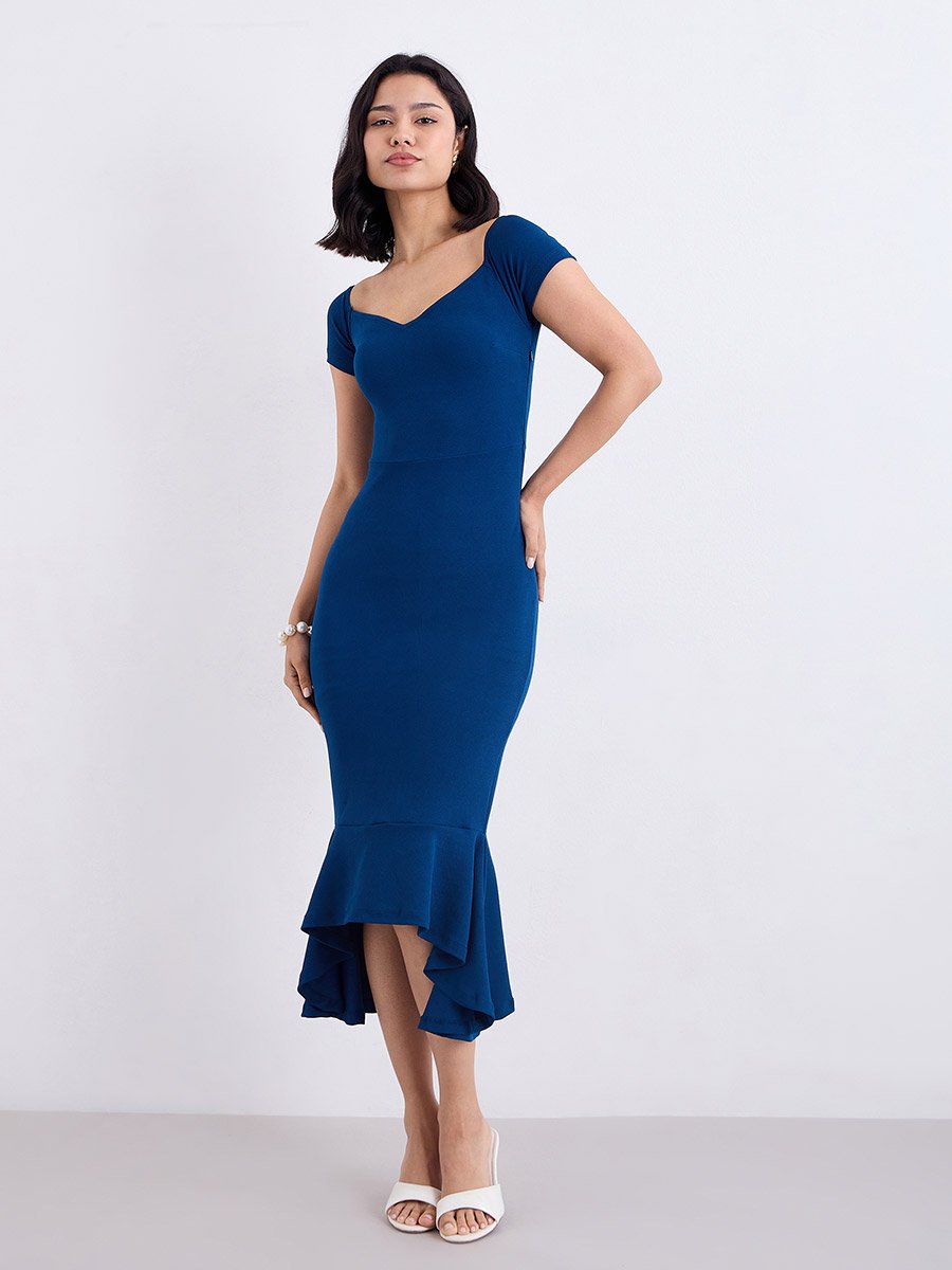 Blue Sweetheart Neck Bodycon Midi Dress