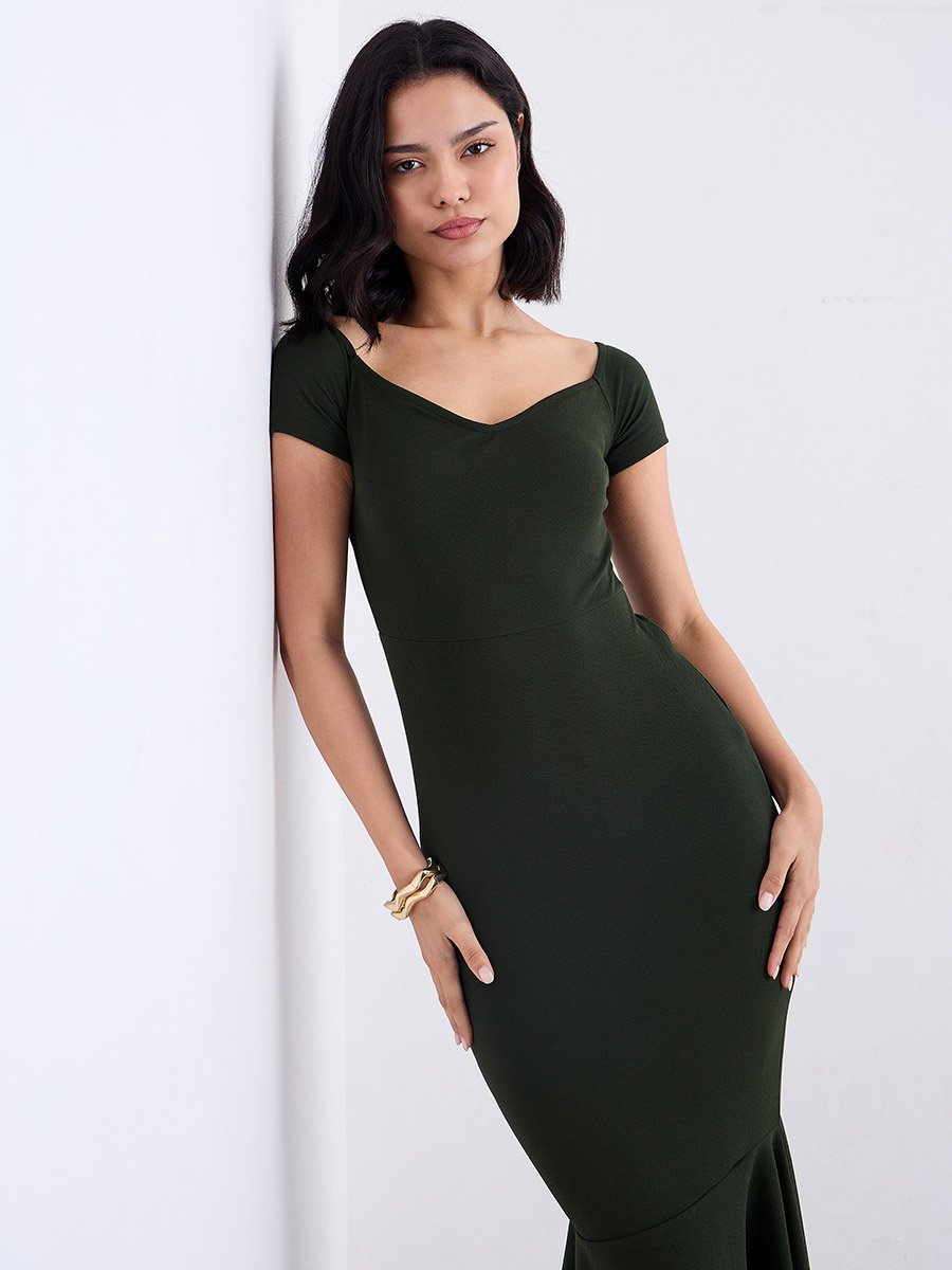 Olive Sweetheart Neck Bodycon Midi Dress