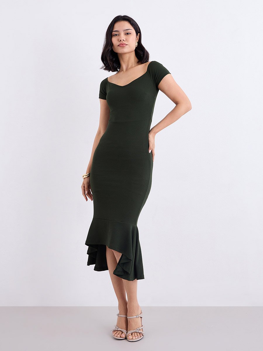 Olive Sweetheart Neck Bodycon Midi Dress