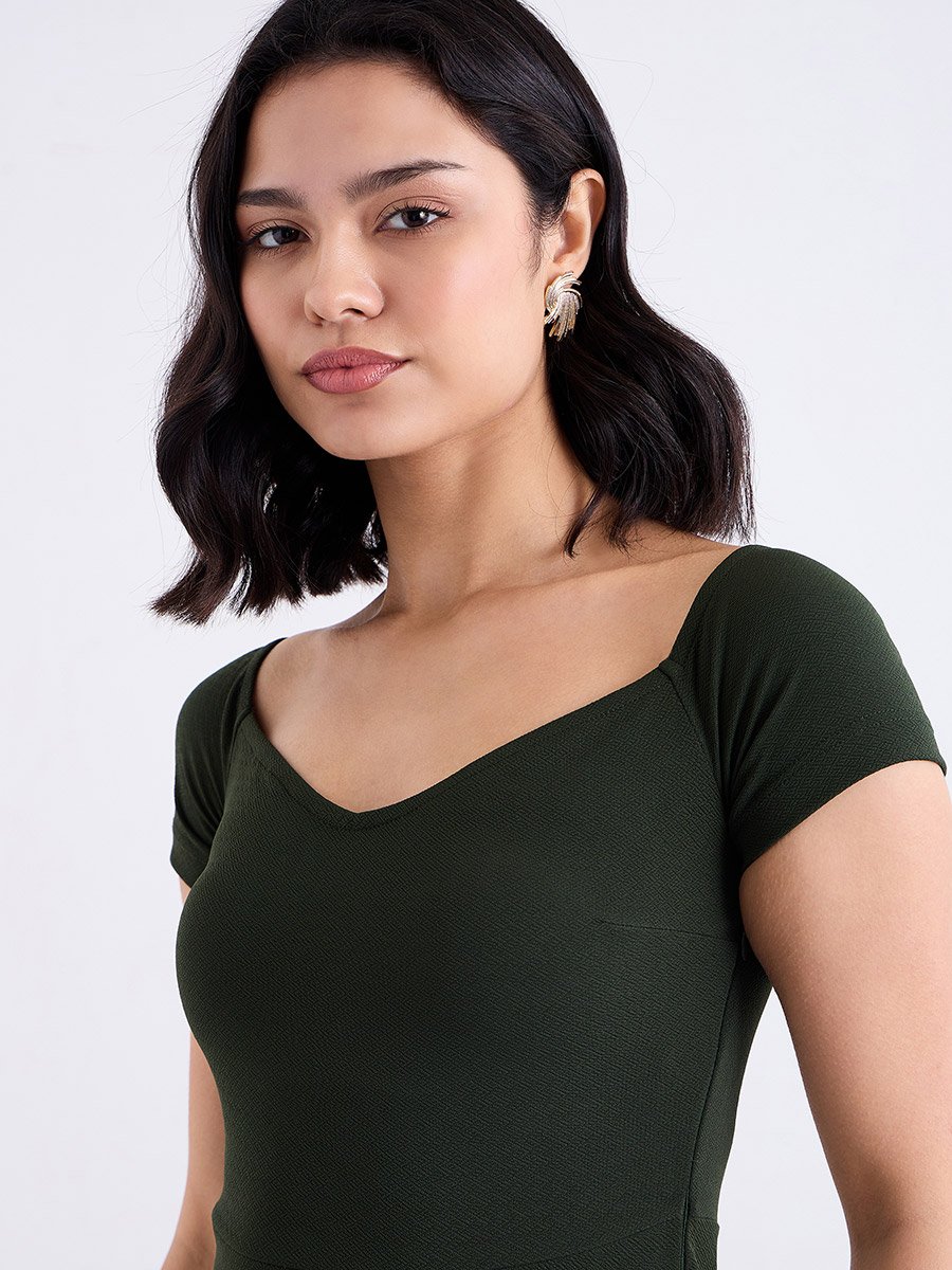 Olive Sweetheart Neck Bodycon Midi Dress