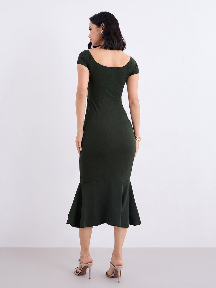 Olive Sweetheart Neck Bodycon Midi Dress