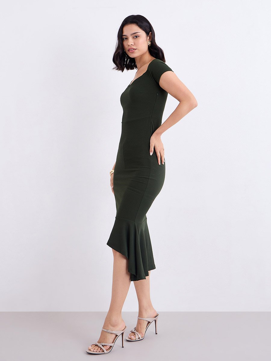 Olive Sweetheart Neck Bodycon Midi Dress