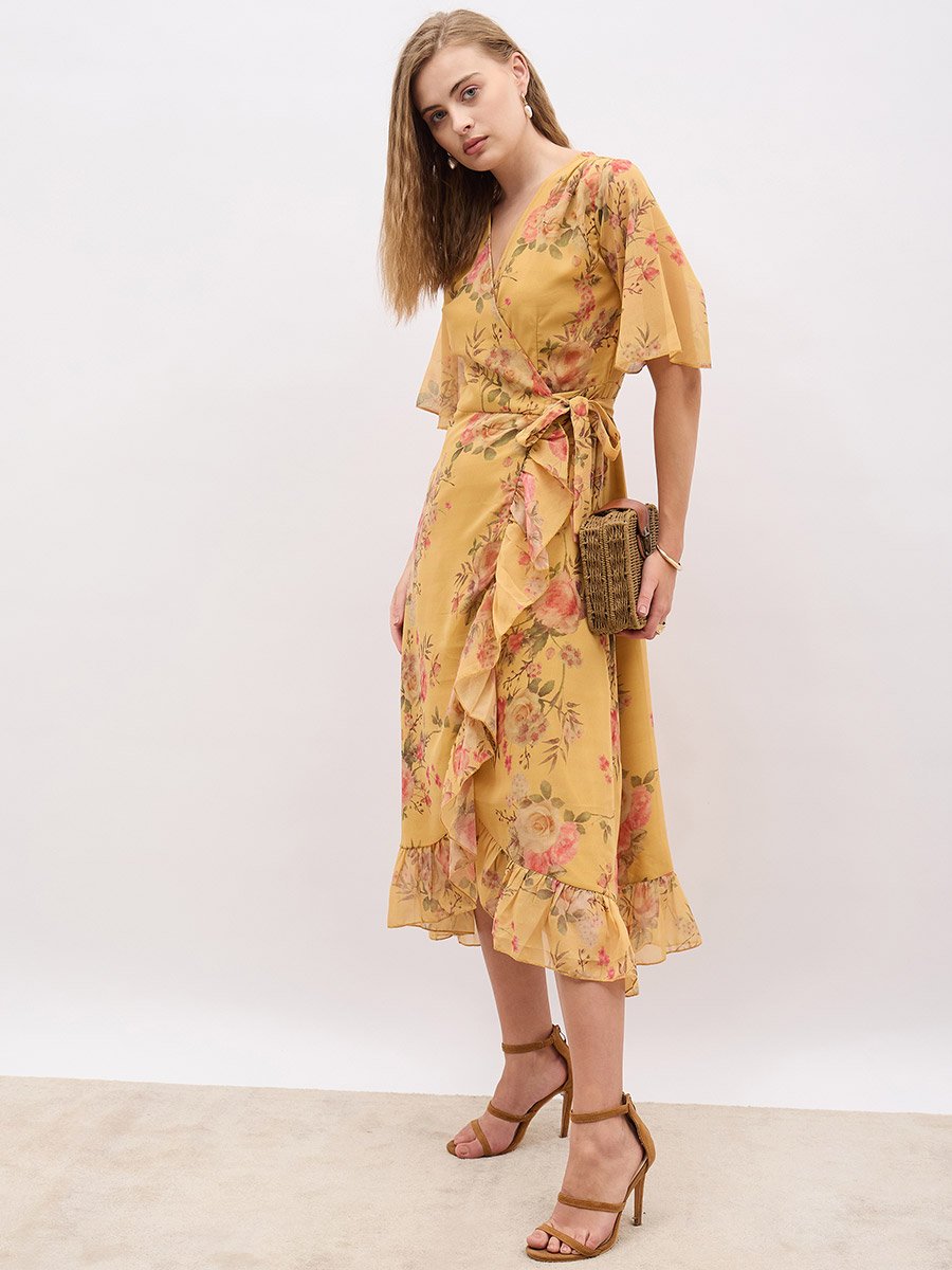 Floral Print V-Neck Wrap Midi Dress