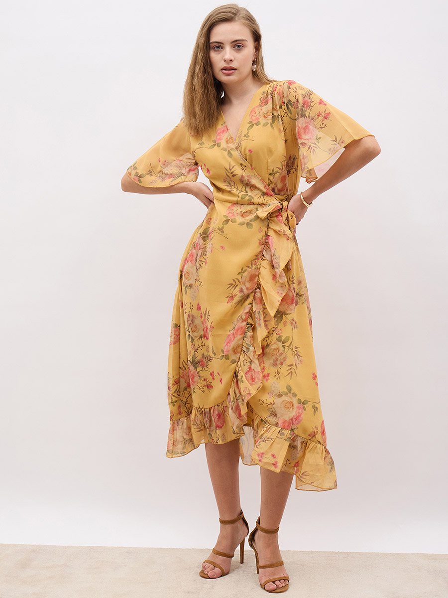 Floral Print V-Neck Wrap Midi Dress
