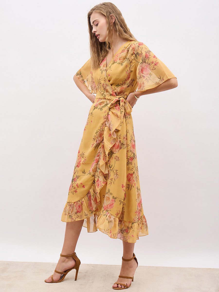 Floral Print V-Neck Wrap Midi Dress