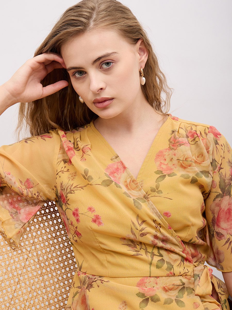 Floral Print V-Neck Wrap Midi Dress
