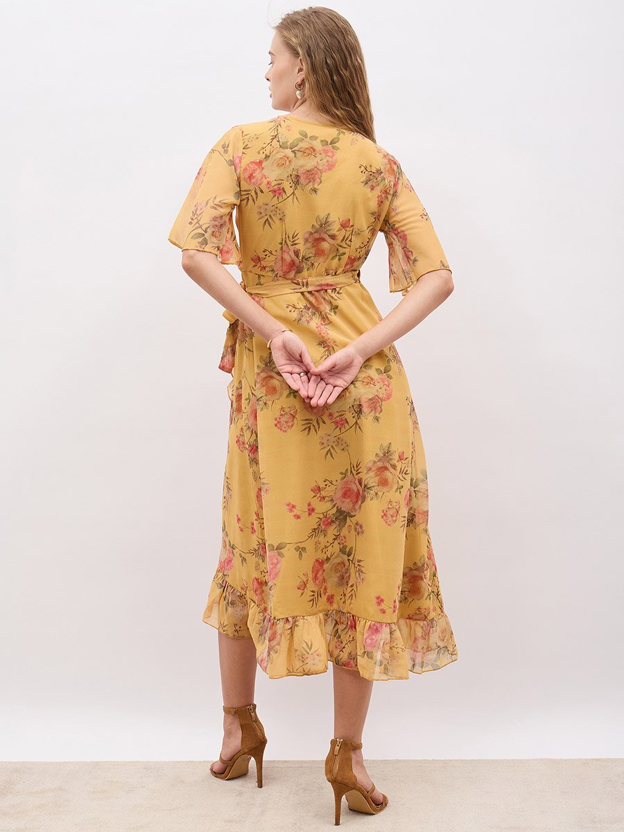 Floral Print V-Neck Wrap Midi Dress