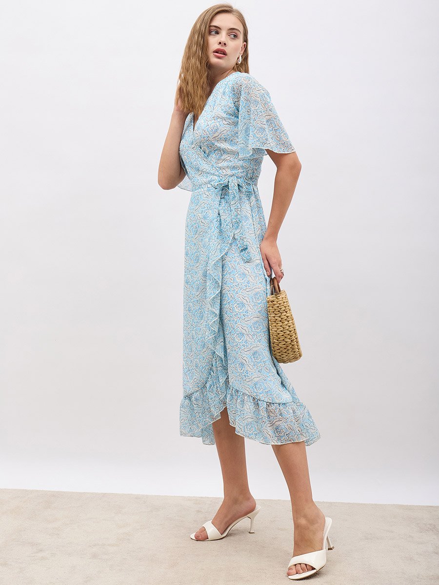 Floral Print V Neck Wrap Midi Dress with Ruffle Hem