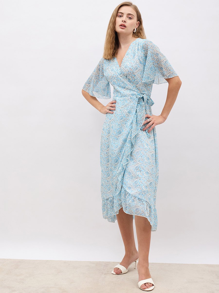 Floral Print V Neck Wrap Midi Dress with Ruffle Hem