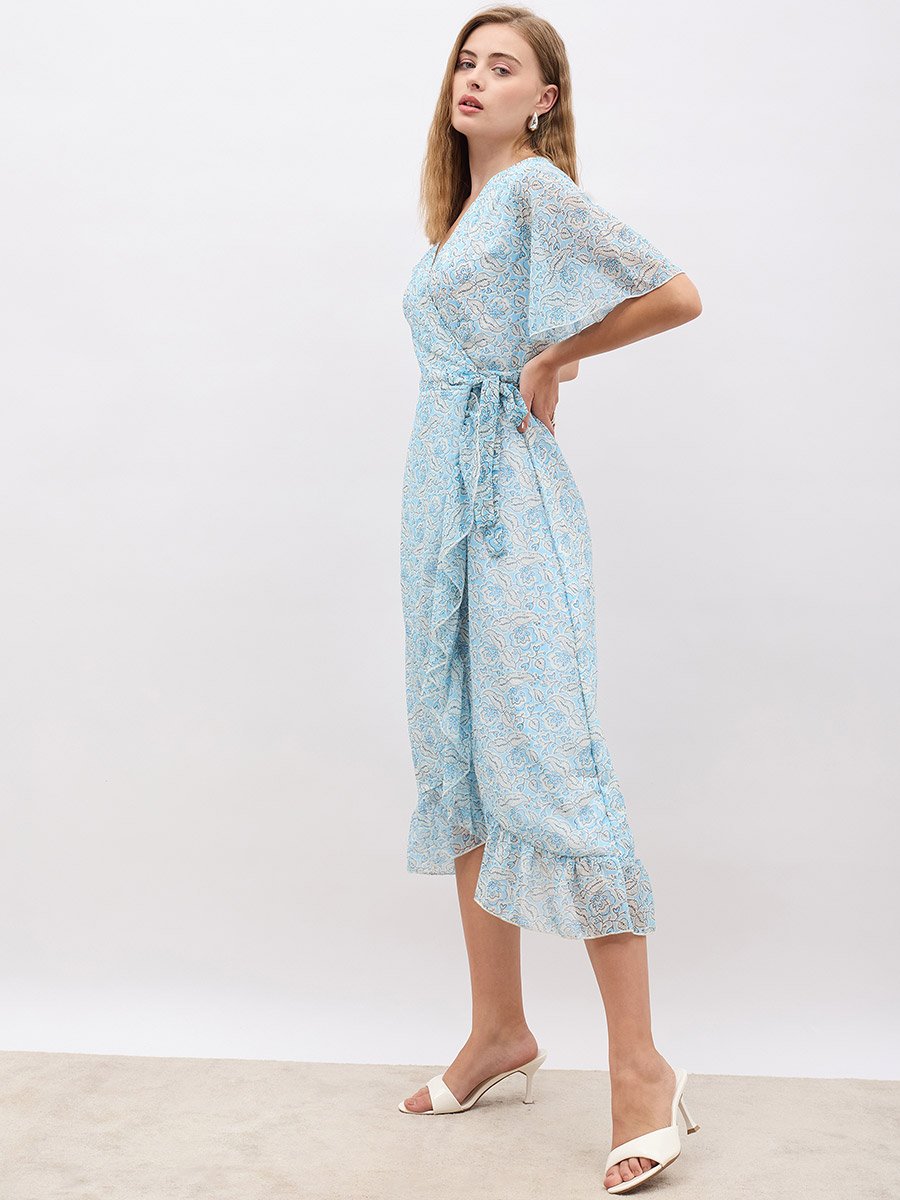 Floral Print V Neck Wrap Midi Dress with Ruffle Hem