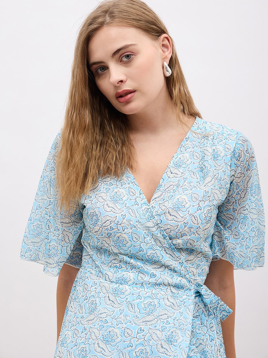 Floral Print V Neck Wrap Midi Dress with Ruffle Hem