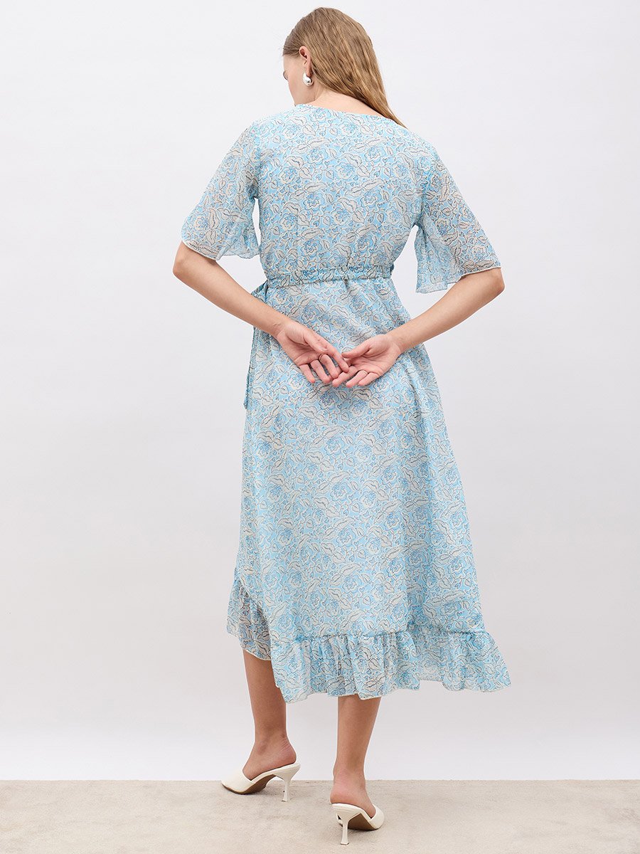 Floral Print V Neck Wrap Midi Dress with Ruffle Hem