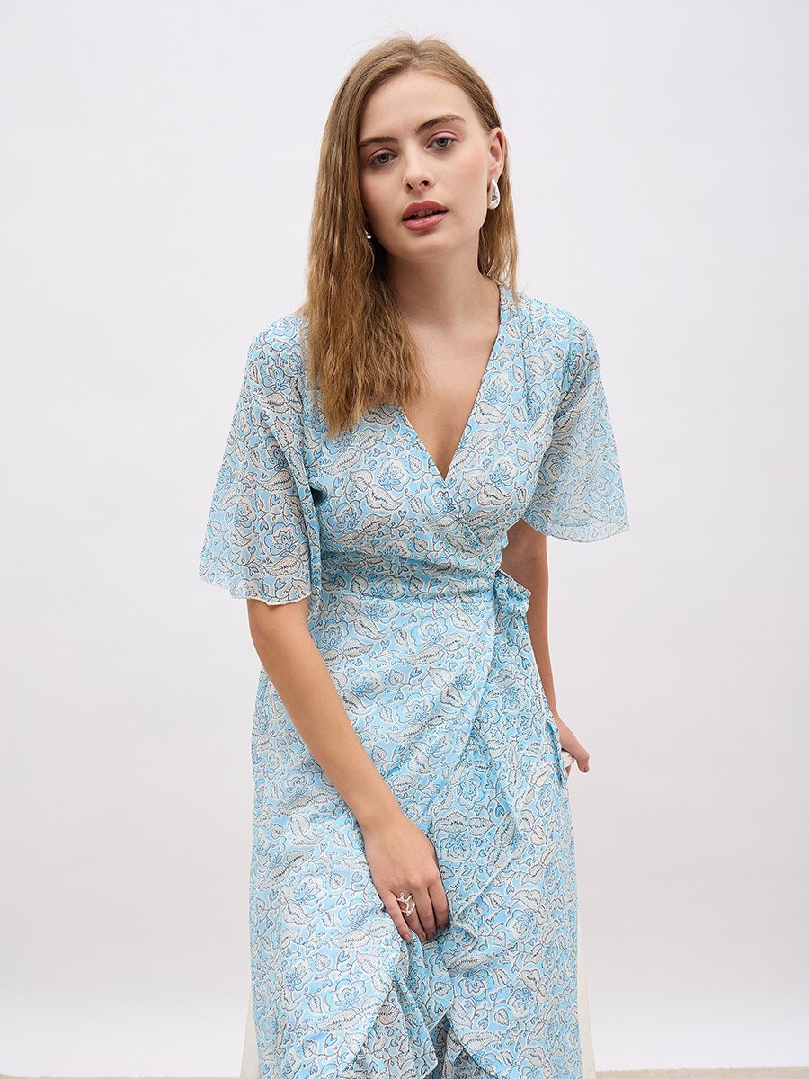Floral Print V Neck Wrap Midi Dress with Ruffle Hem