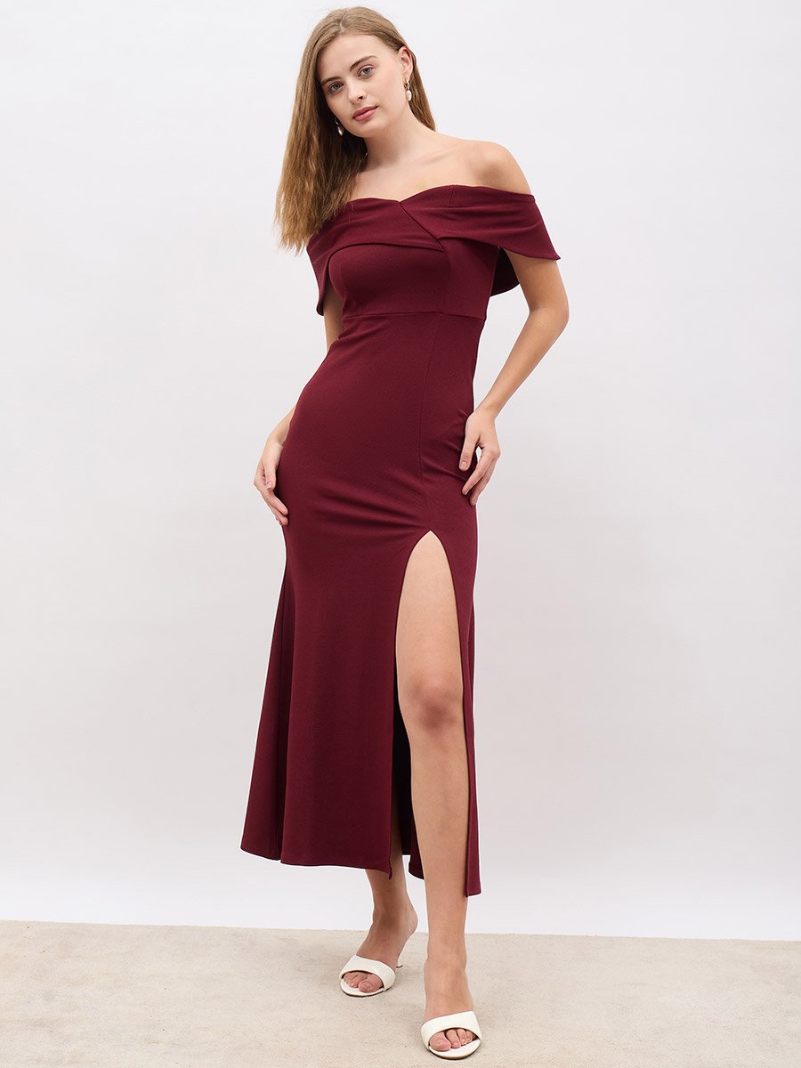 Off Shoulder Sheath Maxi Dress with Front Split