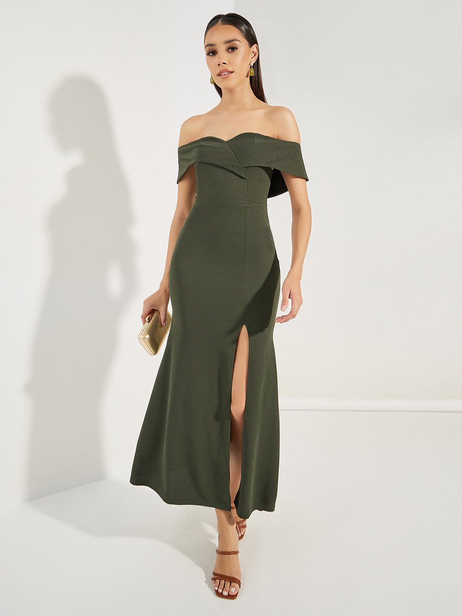 Off Shoulder Sheath Maxi Dress with Front Split For Women at Saudi | Styli