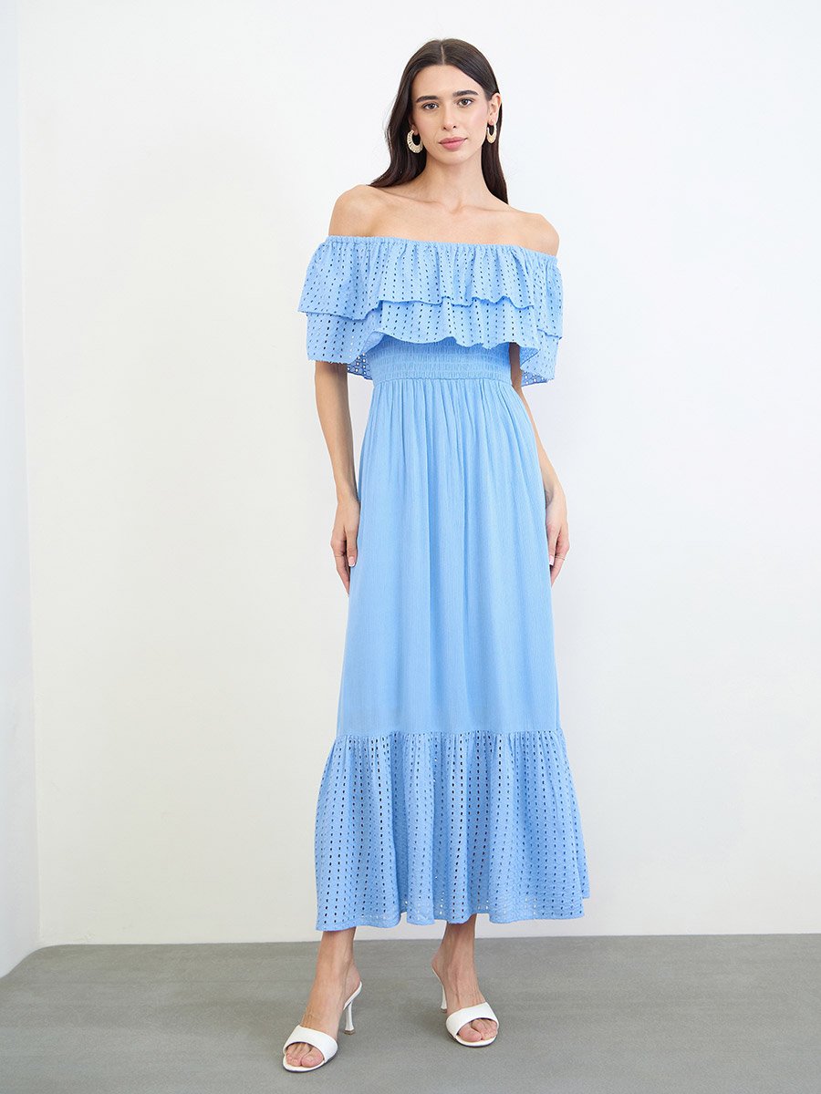 Blue Cotton Schiffli Off-Shoulder Maxi Dress